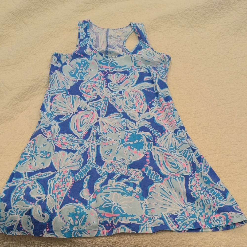 Lilly Pulitzer Girls' Blue Floral Racerback Dress with Pink Accents